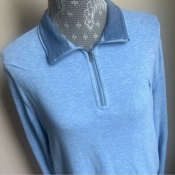 POLO RALPH LAUREN Blue Embroidered 1/4 Zip Sweater Pullover Sz Medium - Picture 3 of 9